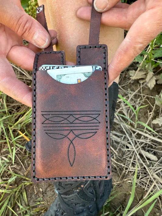 Leather boot wallet with snap strap, Western style
