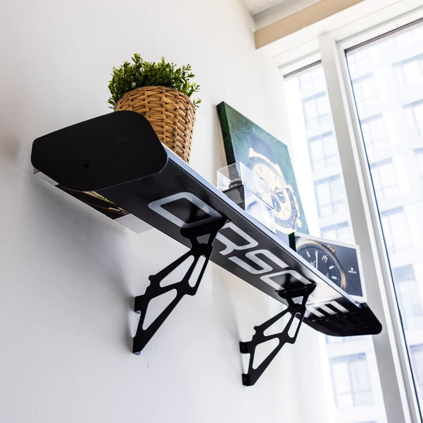 Handmade Matte Black Spoiler Shelf – Signature Underside Print for Enthusiasts
