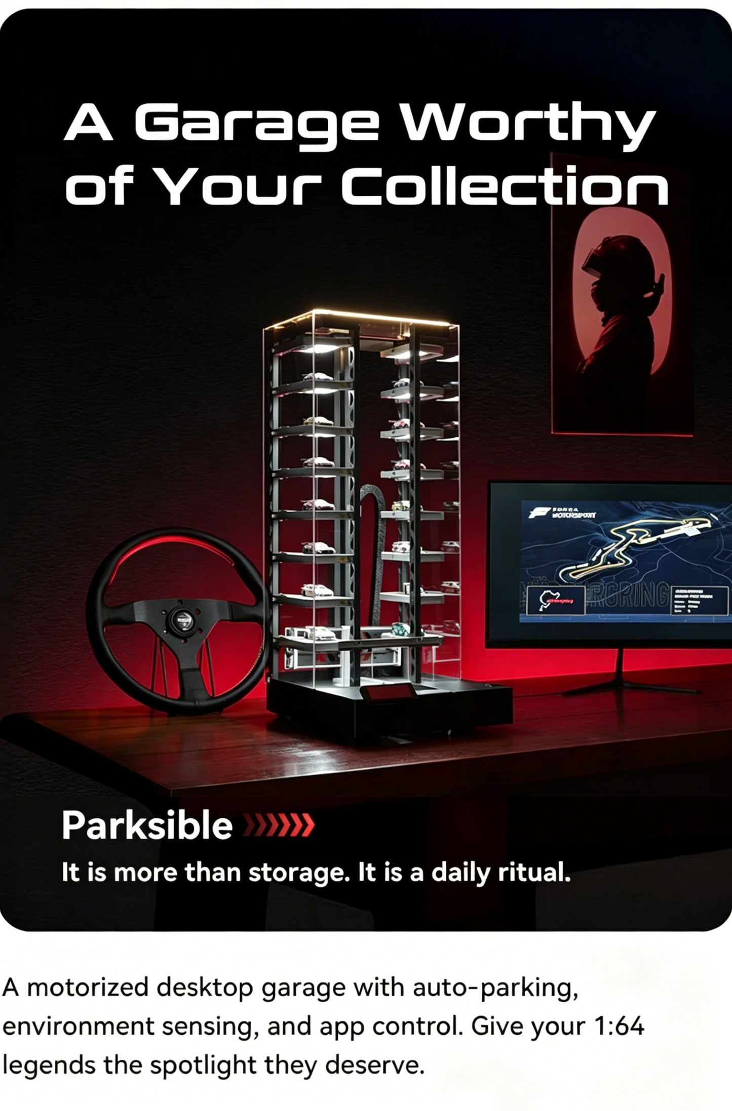 Smart Display Garage for 1:64 Scale Models – App-Controlled, 14 Slots, PRO Recognition Available