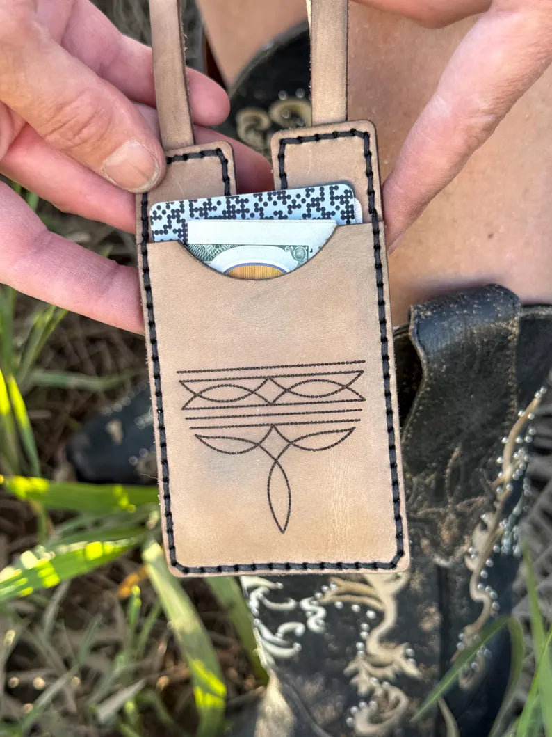 Leather boot wallet with snap strap, Western style