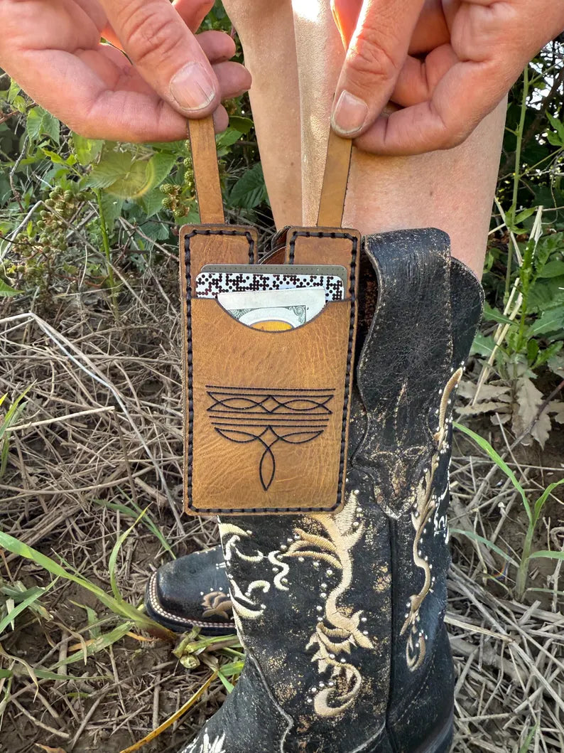 Leather boot wallet with snap strap, Western style