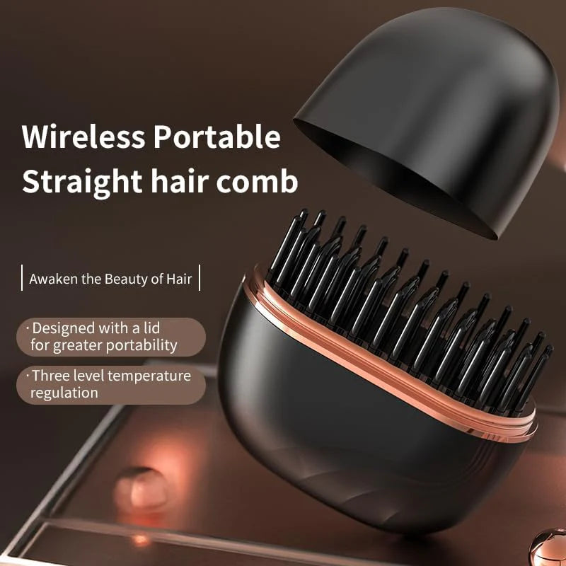 Mini Cordless Hair Straightener Brush – Portable, USB Rechargeable, 3 Heat Settings