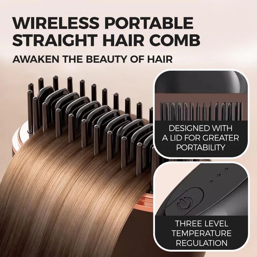 Mini Cordless Hair Straightener Brush – Portable, USB Rechargeable, 3 Heat Settings