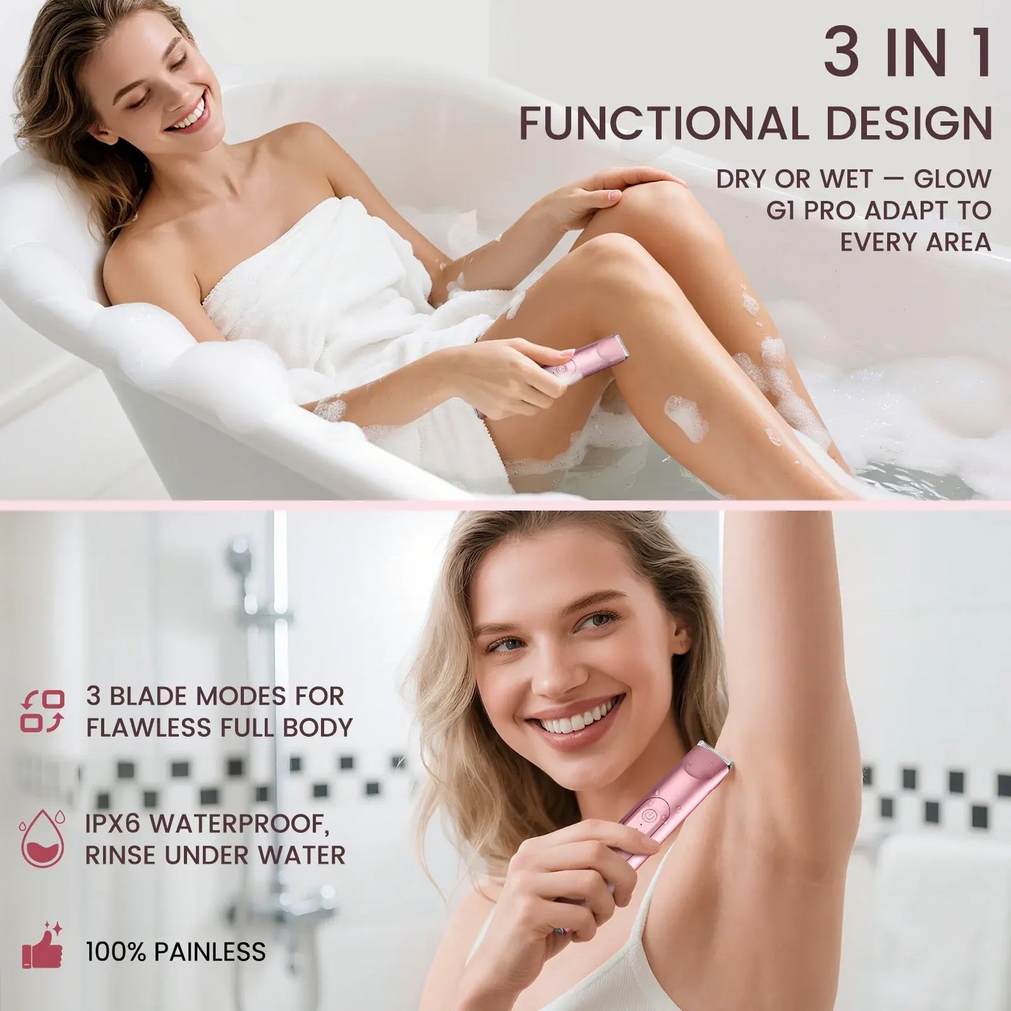 3-in-1 Portable Bikini Trimmer & Shaver – Dual-Head Design, IPX6 Waterproof, USB Rechargeable