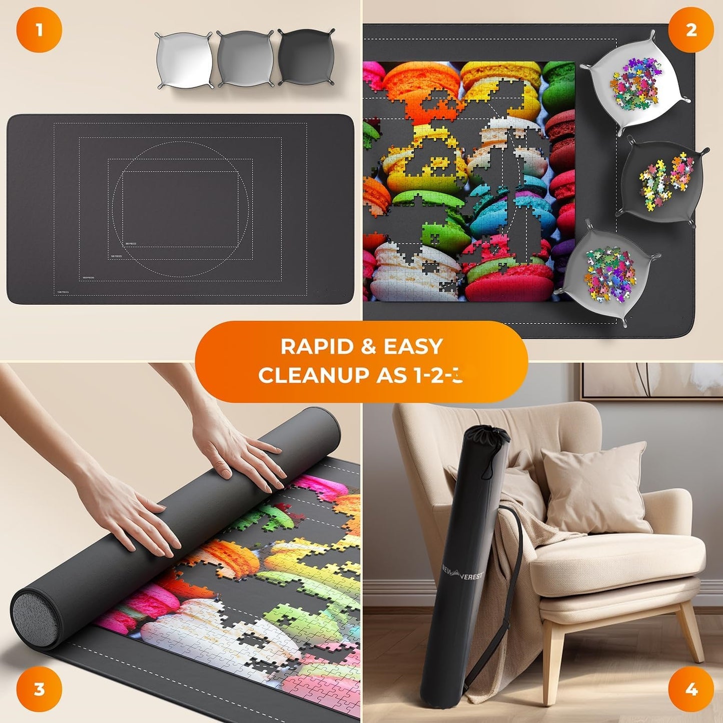 Roll-Up Puzzle Mat – Fits Up to 1500 Pieces, Non-Slip Base, with Sorting Trays & Storage Bag
