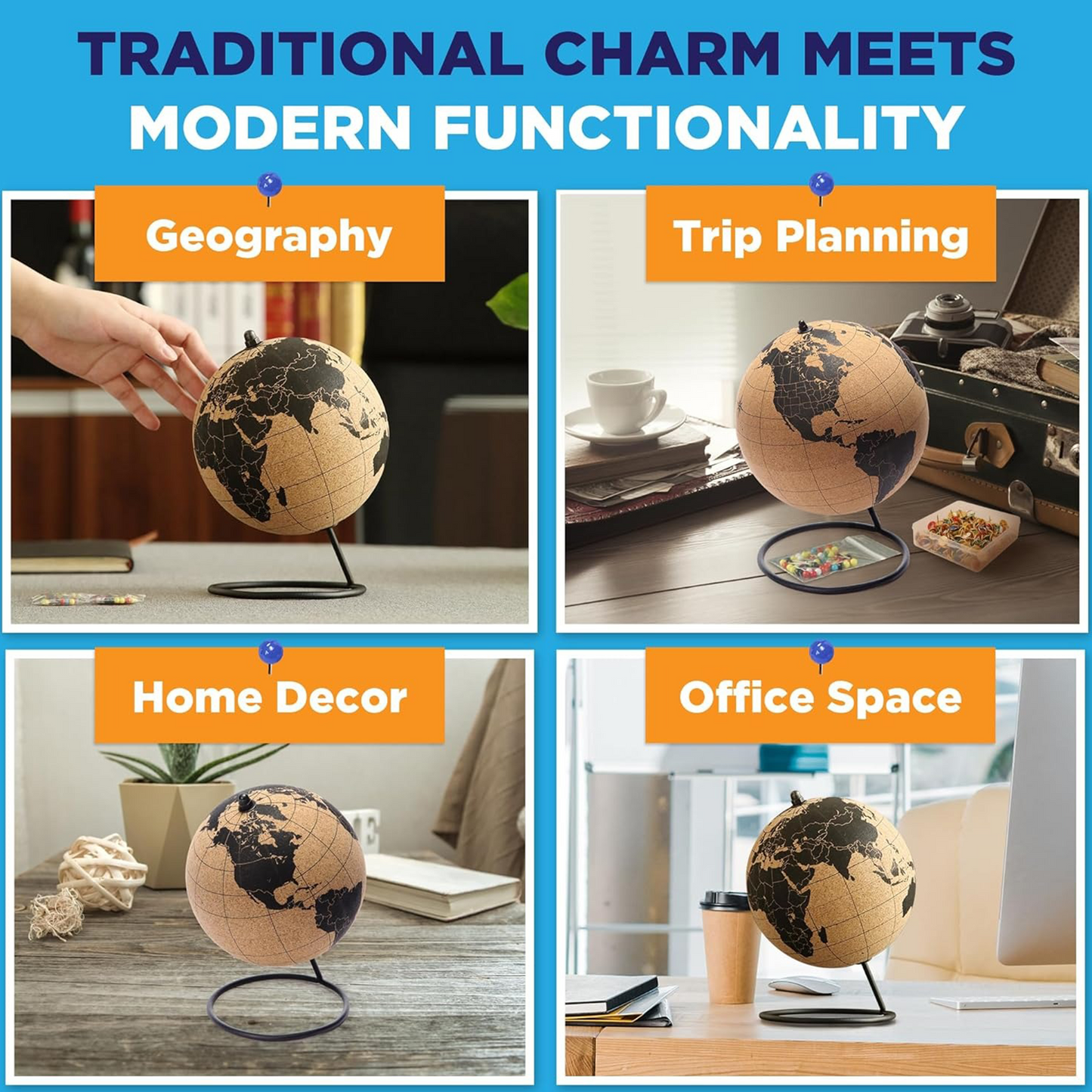 Black cork globe with pins