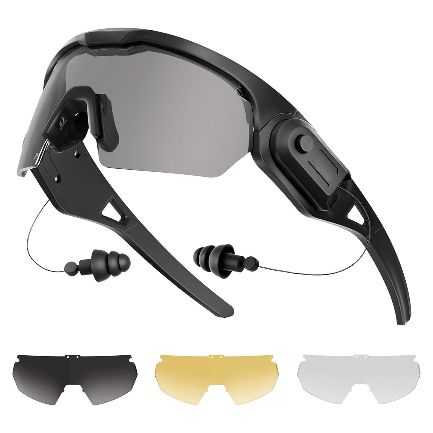 Shooting glasses with earplugs – Built-in Hearing Protection That Clicks Back