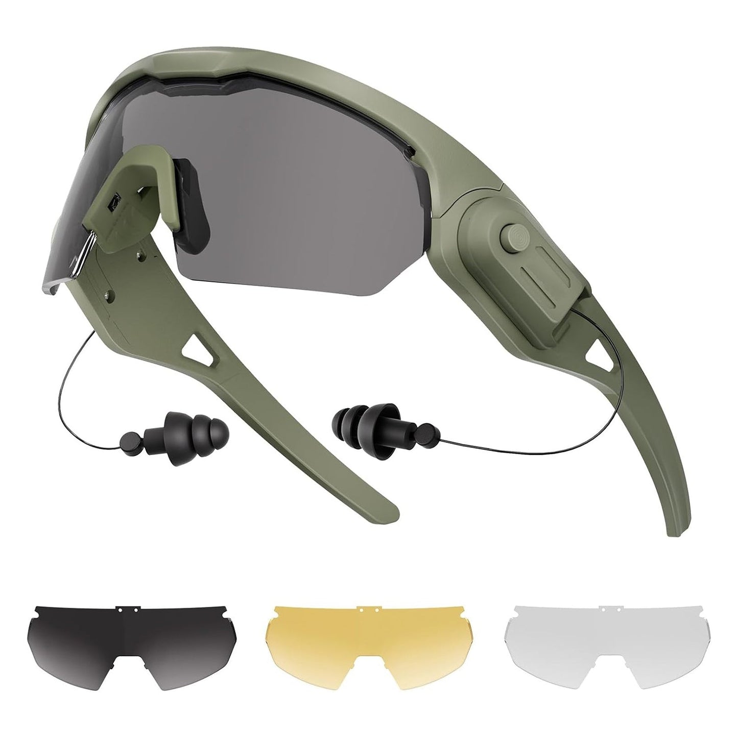 Shooting glasses with earplugs – Built-in Hearing Protection That Clicks Back