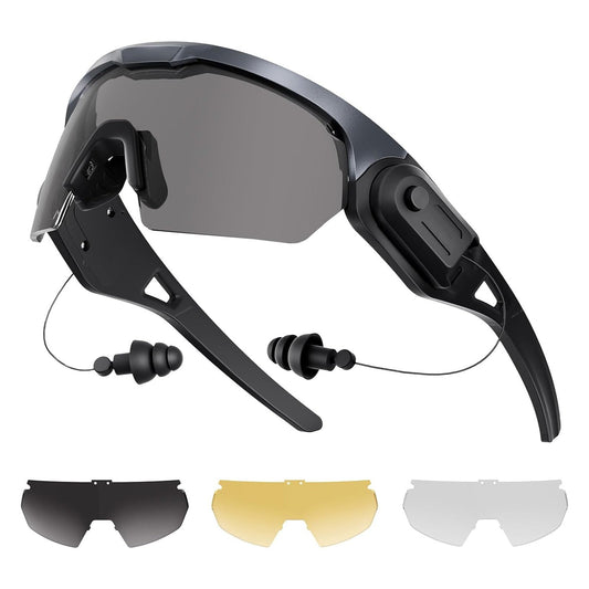 Shooting glasses with earplugs – Built-in Hearing Protection That Clicks Back