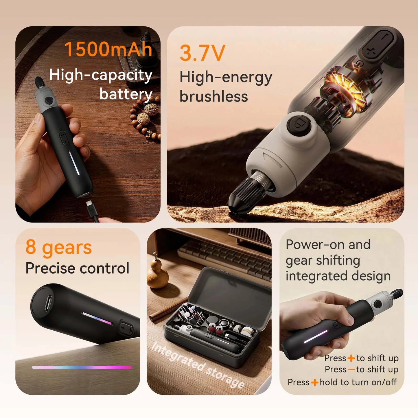 Cordless Rotary Engraving Pen – Brushless Motor, 8 Speeds, 65 Accessories