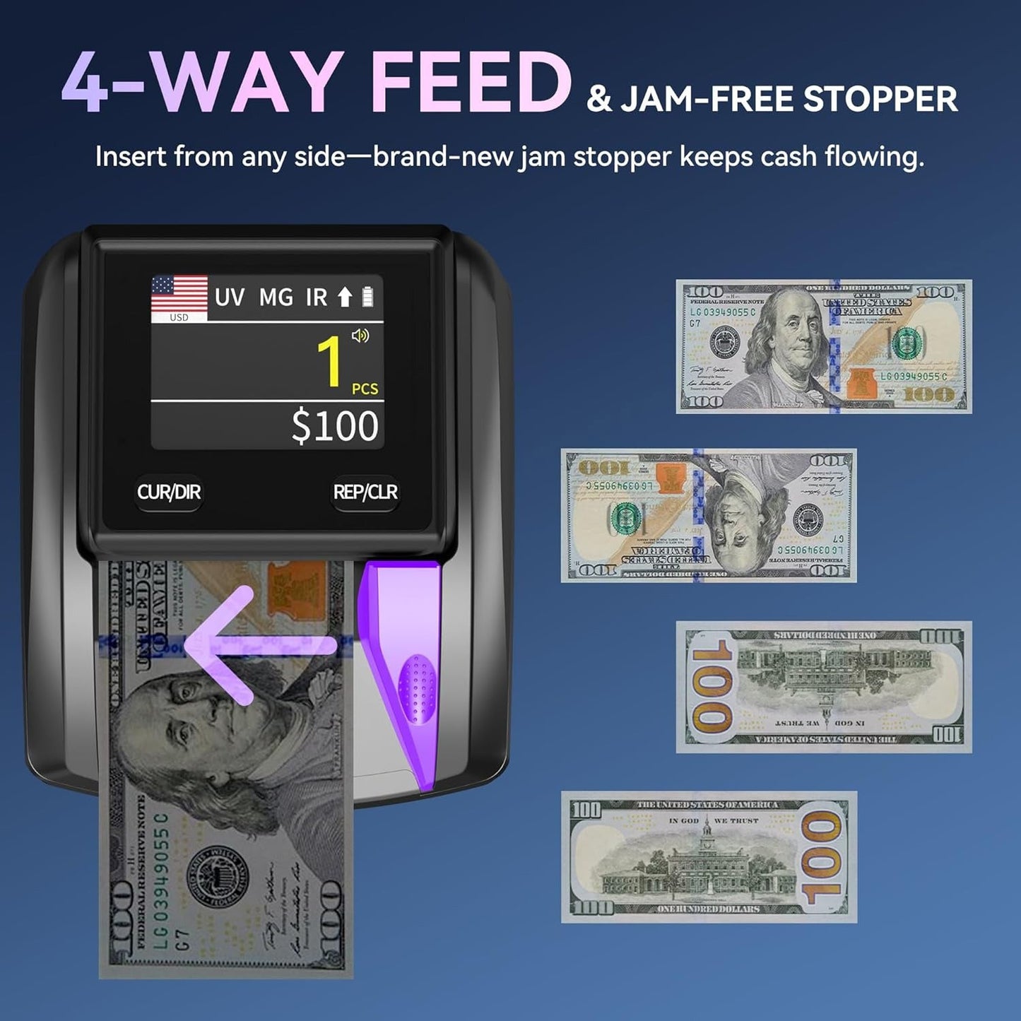 Counterfeit Money Detector – Digital Screen, Denomination & Total Calculation, 4‑Way Scanning